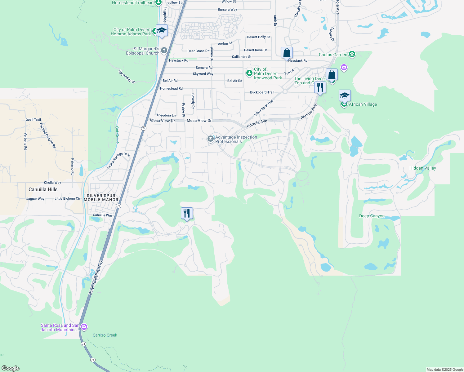 map of restaurants, bars, coffee shops, grocery stores, and more near 49340 Sunrose Lane in Palm Desert