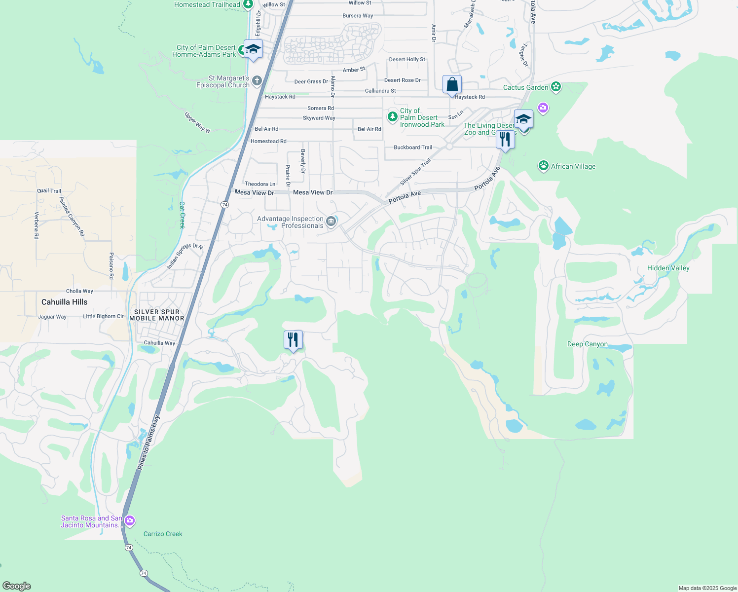 map of restaurants, bars, coffee shops, grocery stores, and more near 49320 Sunrose Lane in Palm Desert
