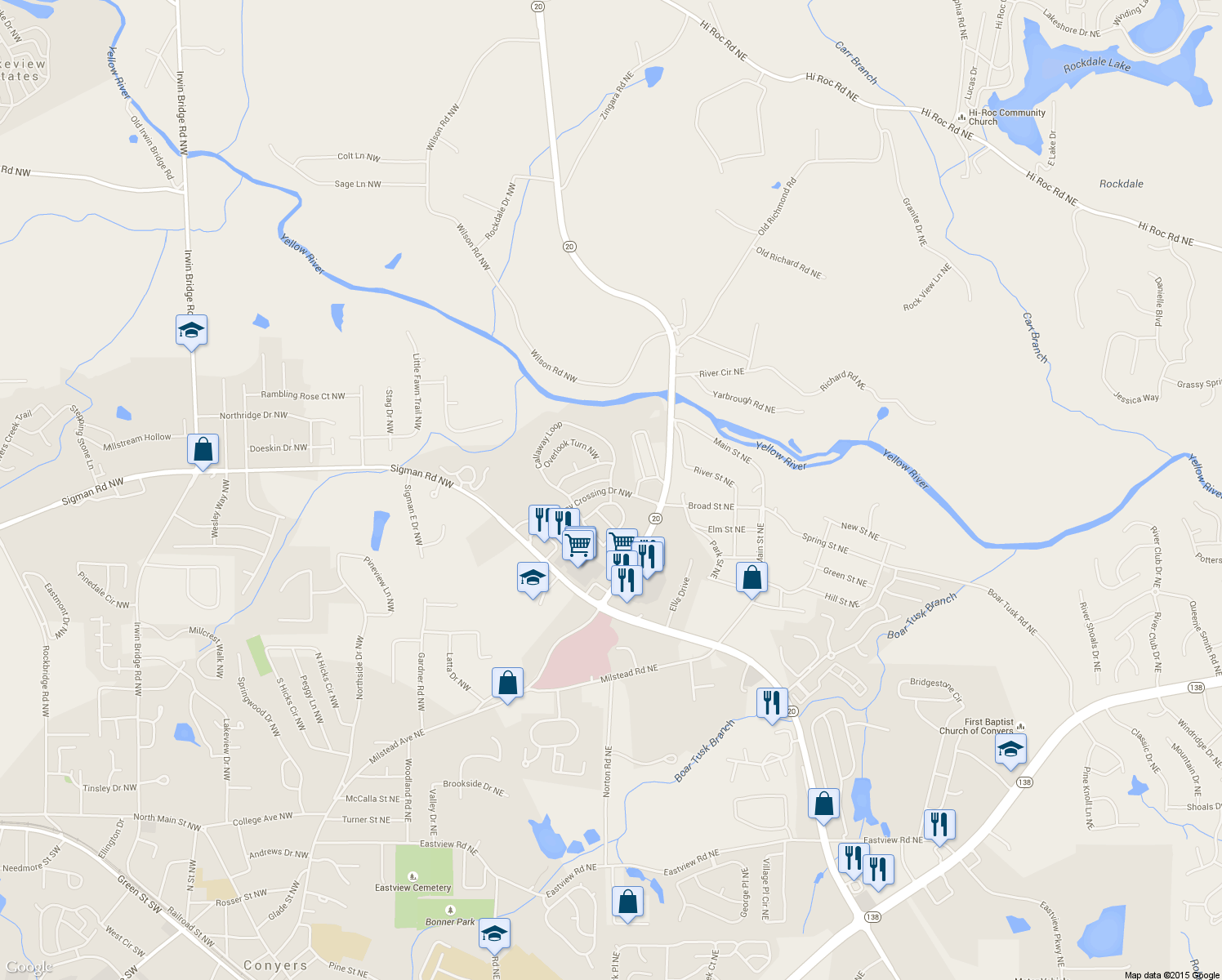map of restaurants, bars, coffee shops, grocery stores, and more near Odyssey Drive Northwest in Conyers