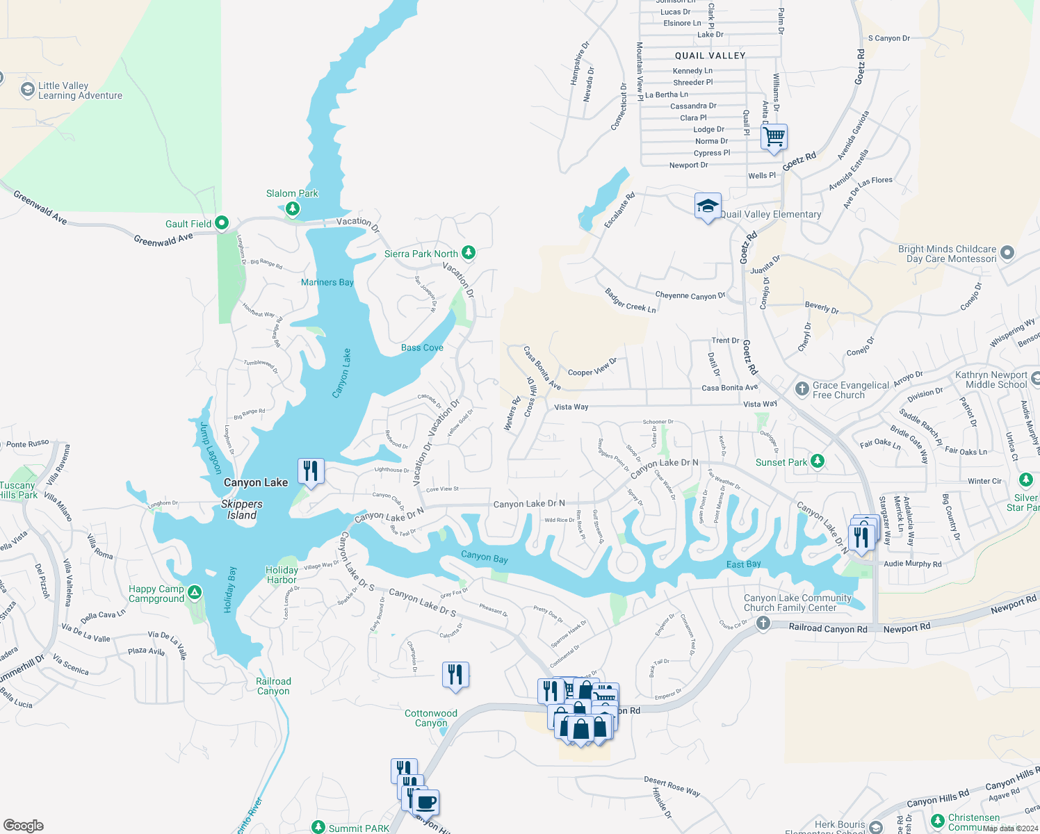 map of restaurants, bars, coffee shops, grocery stores, and more near in Menifee