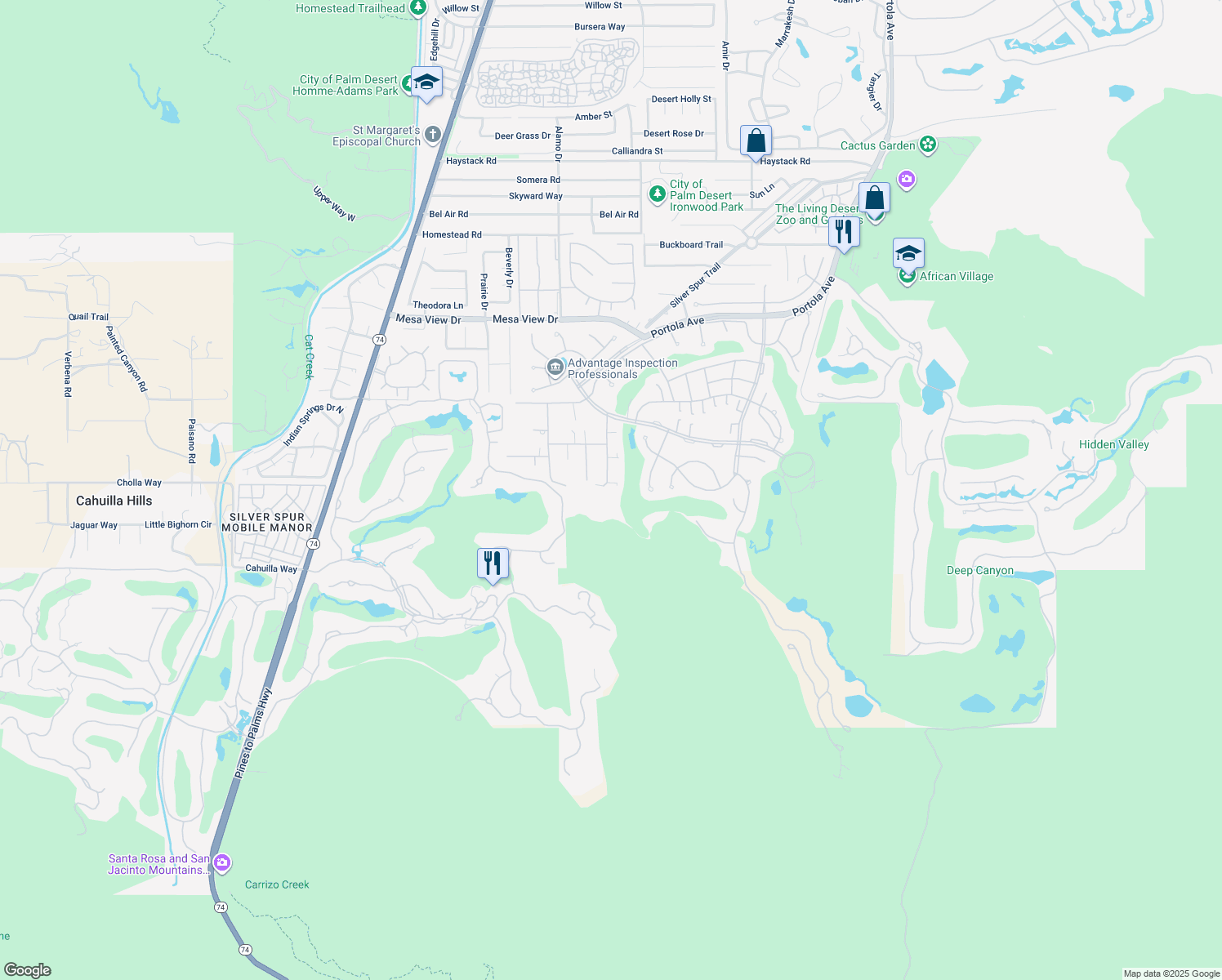 map of restaurants, bars, coffee shops, grocery stores, and more near 49340 Sunrose Lane in Palm Desert