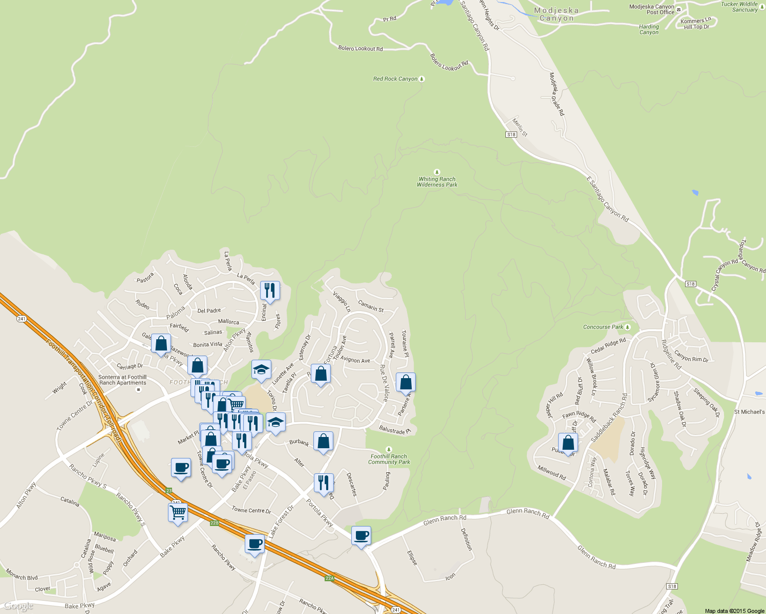 map of restaurants, bars, coffee shops, grocery stores, and more near 39 Camarin Street in Foothill Ranch
