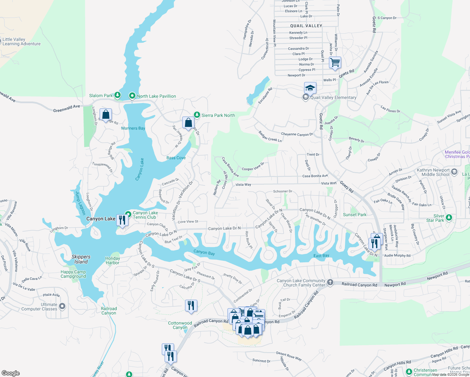 map of restaurants, bars, coffee shops, grocery stores, and more near 23201 Vista Way in Canyon Lake