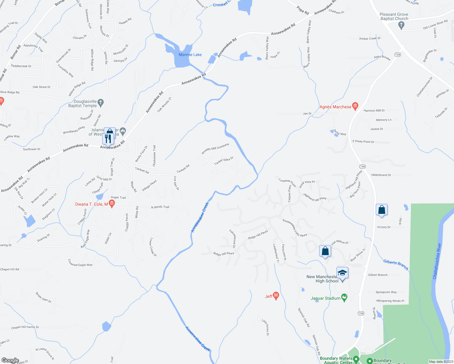 map of restaurants, bars, coffee shops, grocery stores, and more near 3293 Lowland Drive in Douglasville