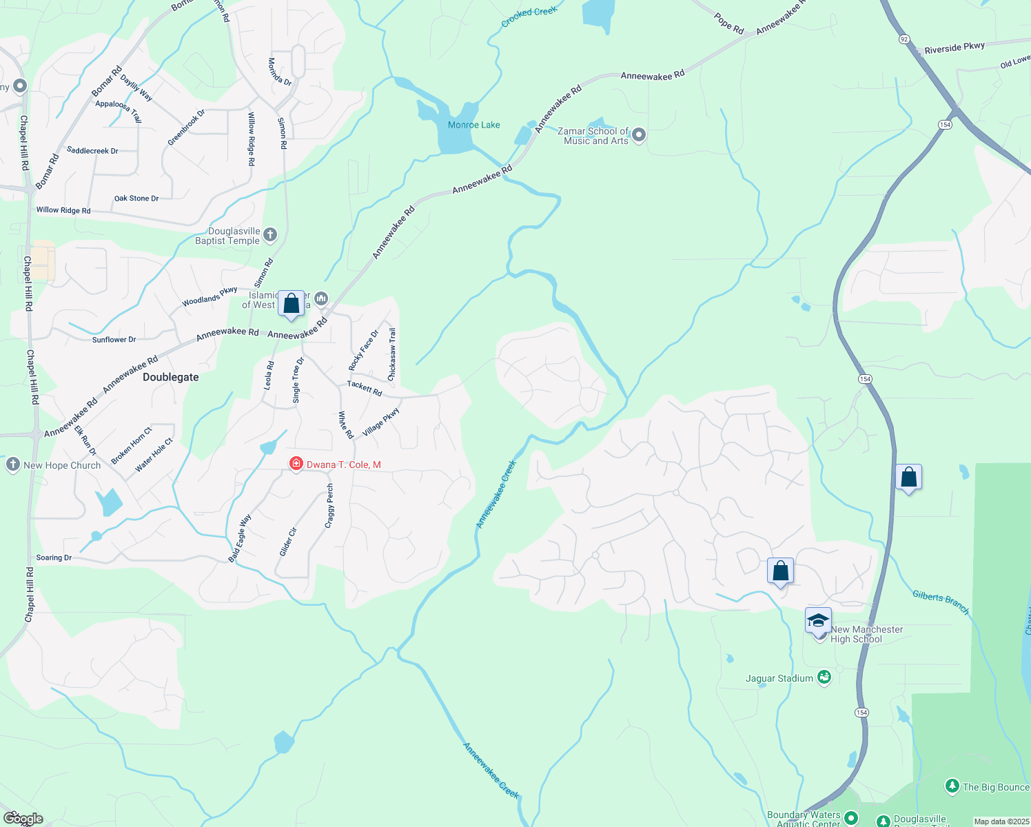 map of restaurants, bars, coffee shops, grocery stores, and more near 3175 Tackett Road in Douglasville