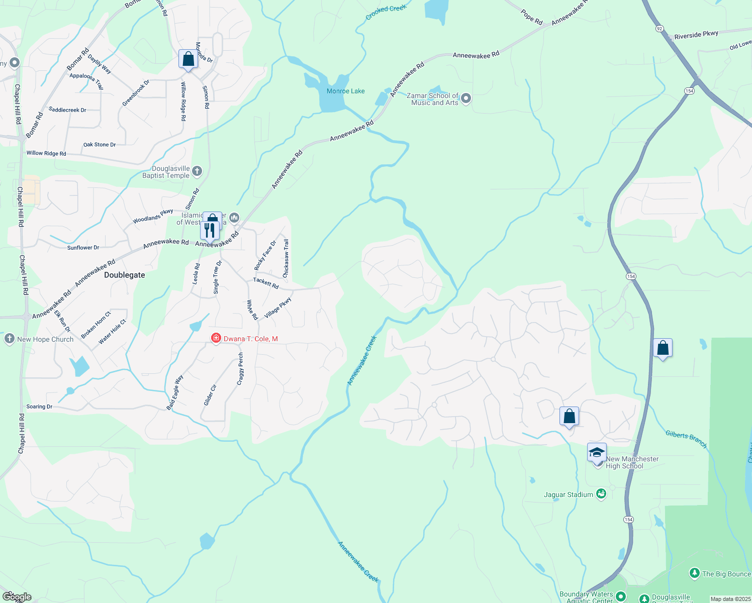 map of restaurants, bars, coffee shops, grocery stores, and more near 3175 Tackett Road in Douglasville