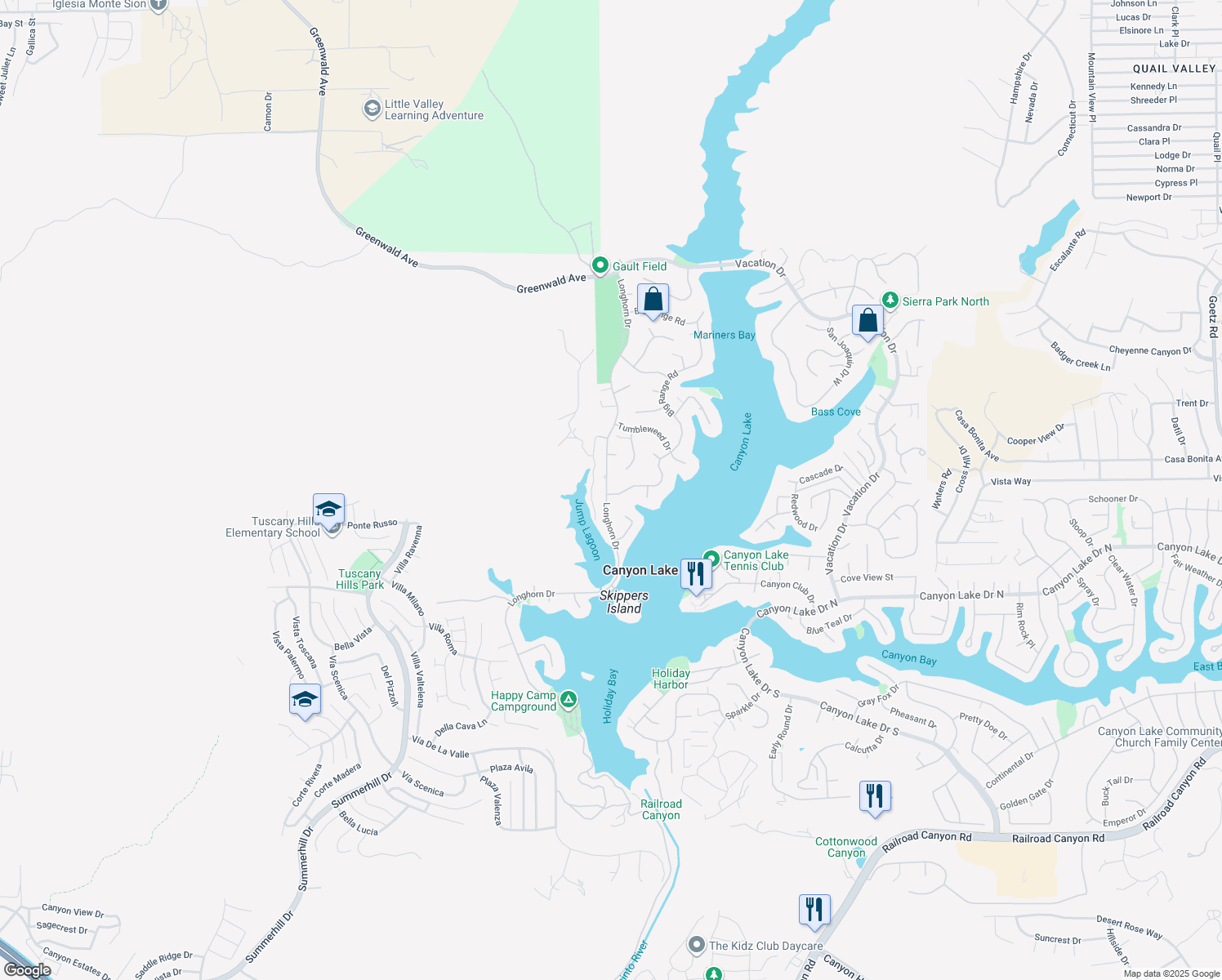 map of restaurants, bars, coffee shops, grocery stores, and more near 30099 Big Range Road in Canyon Lake