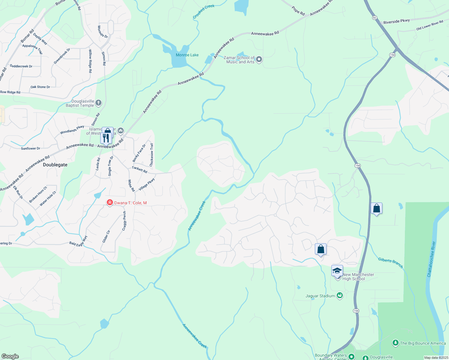 map of restaurants, bars, coffee shops, grocery stores, and more near 3303 Lowland Drive in Douglasville