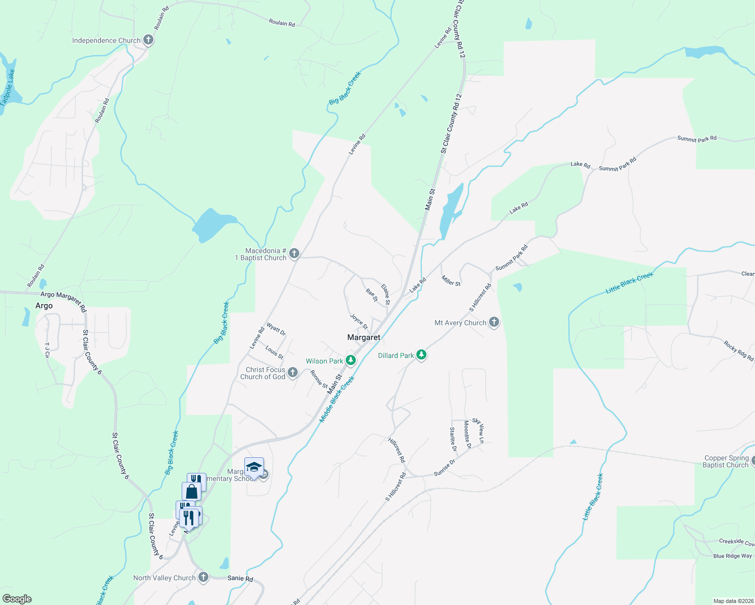 map of restaurants, bars, coffee shops, grocery stores, and more near 185 Rae Street in Odenville