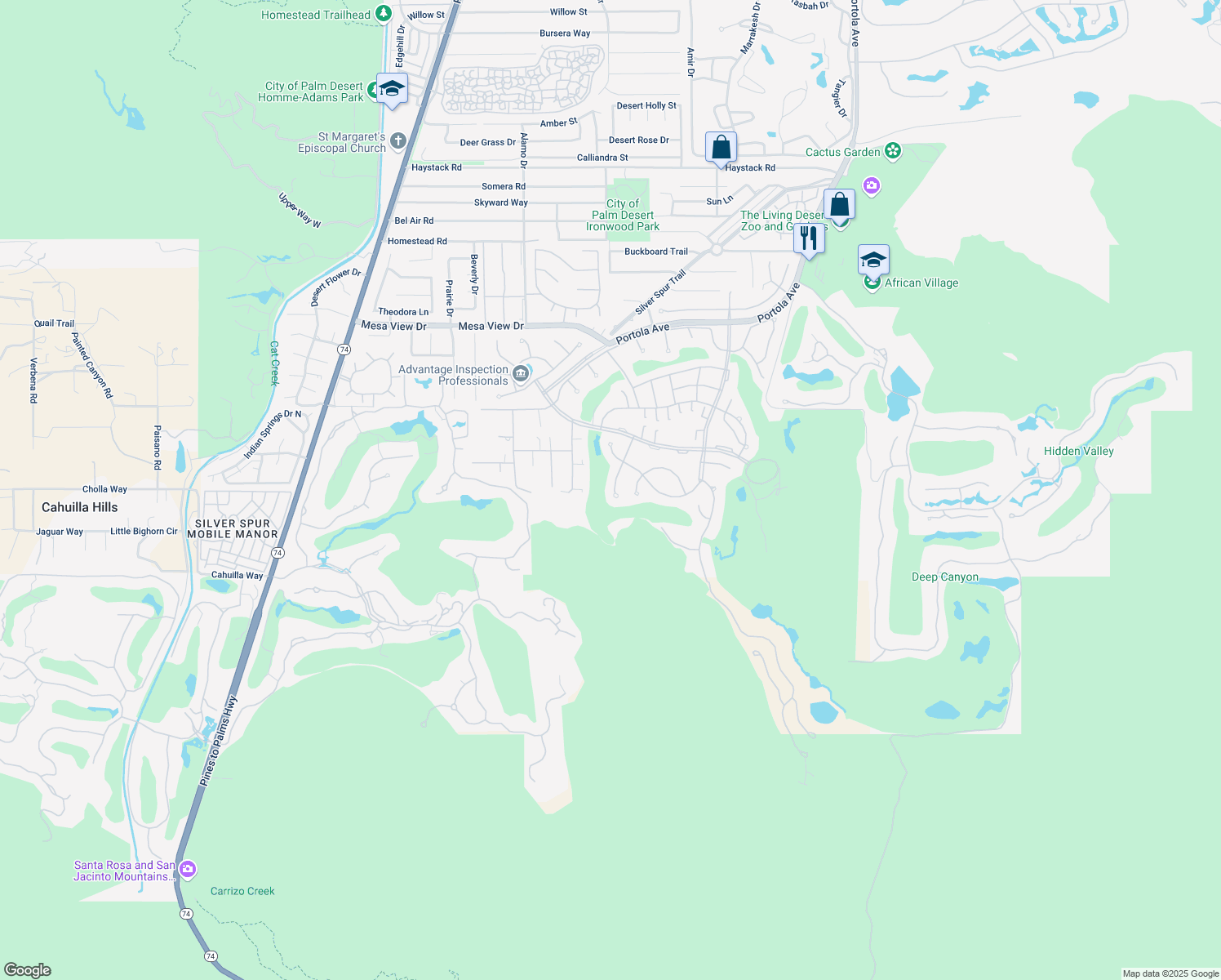 map of restaurants, bars, coffee shops, grocery stores, and more near 49215 Quercus Lane in Palm Desert