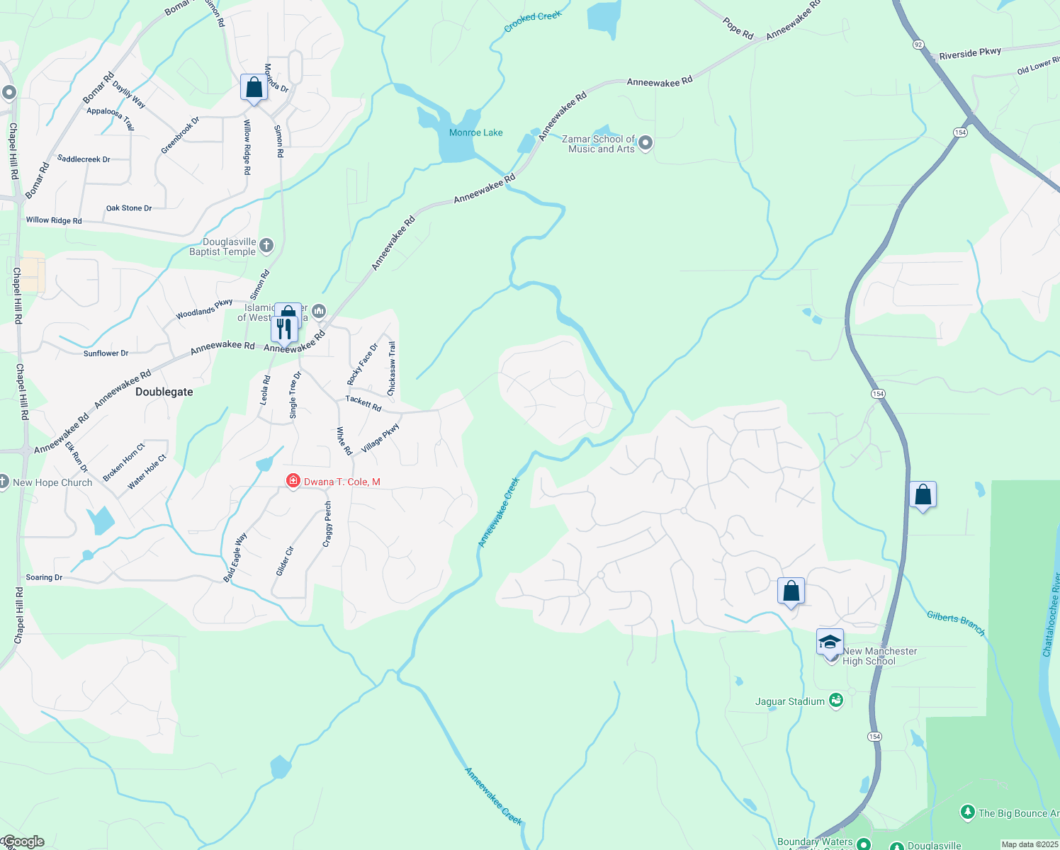 map of restaurants, bars, coffee shops, grocery stores, and more near 3200 Tackett Road in Douglasville