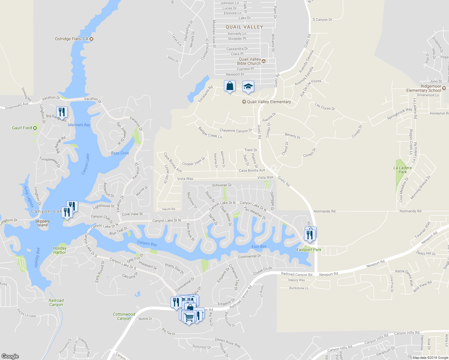 map of restaurants, bars, coffee shops, grocery stores, and more near 23587 Vista Way in Menifee
