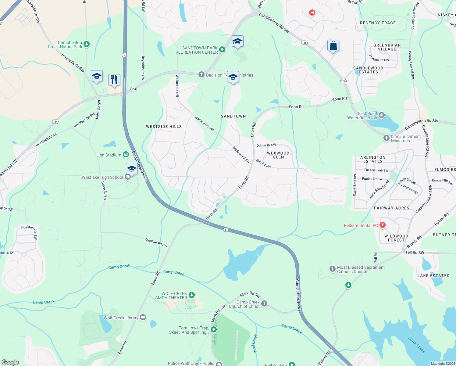 map of restaurants, bars, coffee shops, grocery stores, and more near 5418 Spelman Drive in Atlanta
