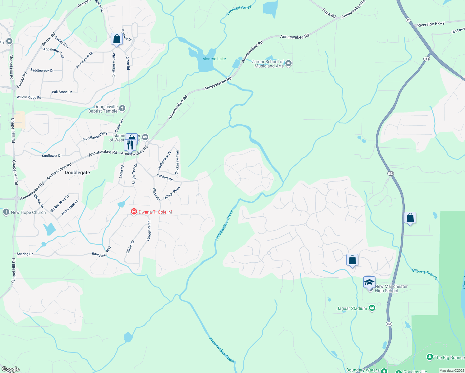 map of restaurants, bars, coffee shops, grocery stores, and more near 3185 Tackett Road in Douglasville