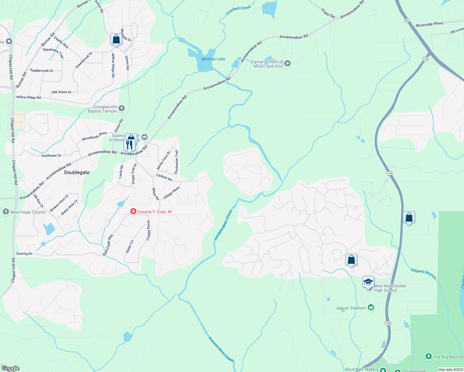 map of restaurants, bars, coffee shops, grocery stores, and more near 3185 Tackett Road in Douglasville