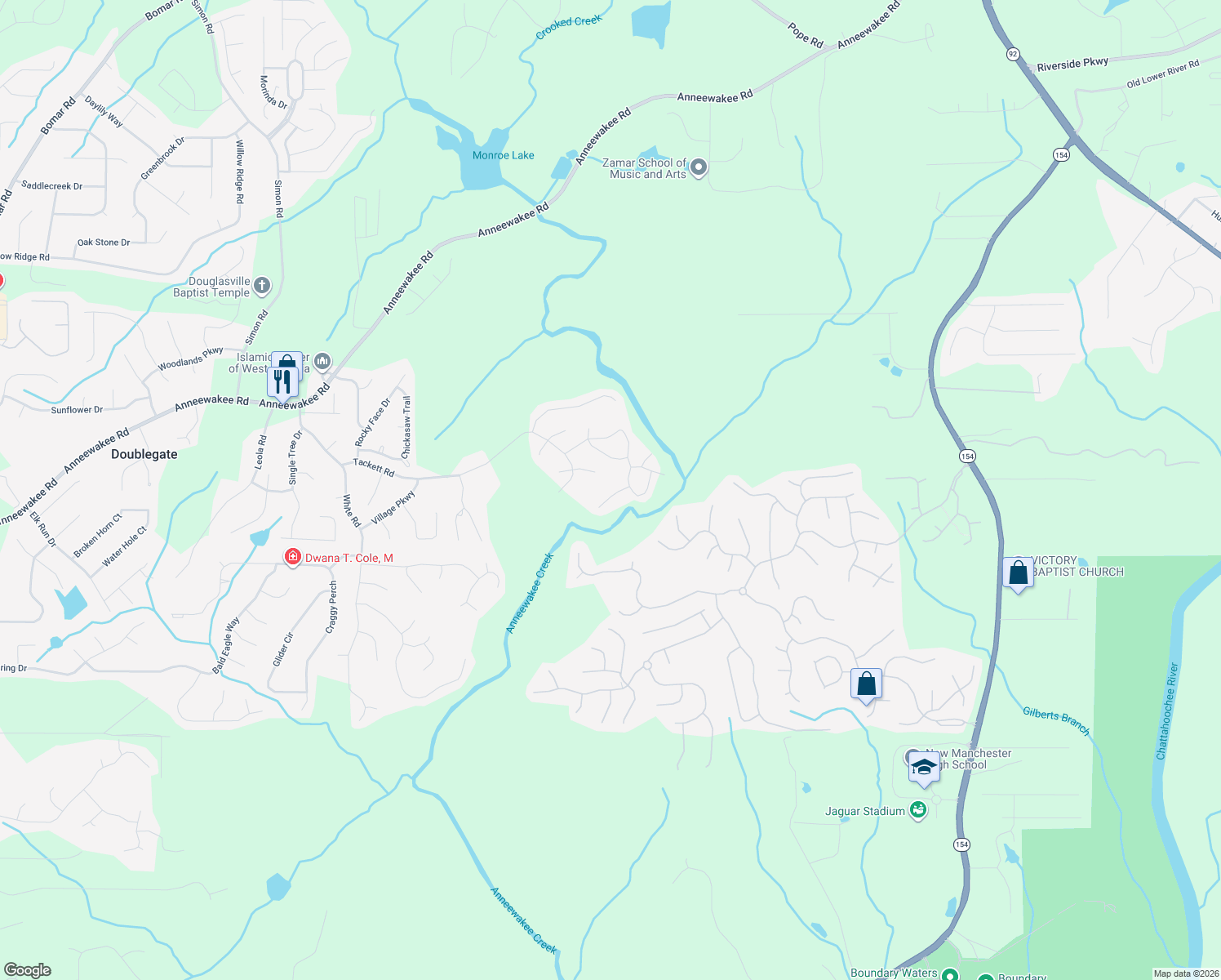 map of restaurants, bars, coffee shops, grocery stores, and more near 3323 Lowland Drive in Douglasville
