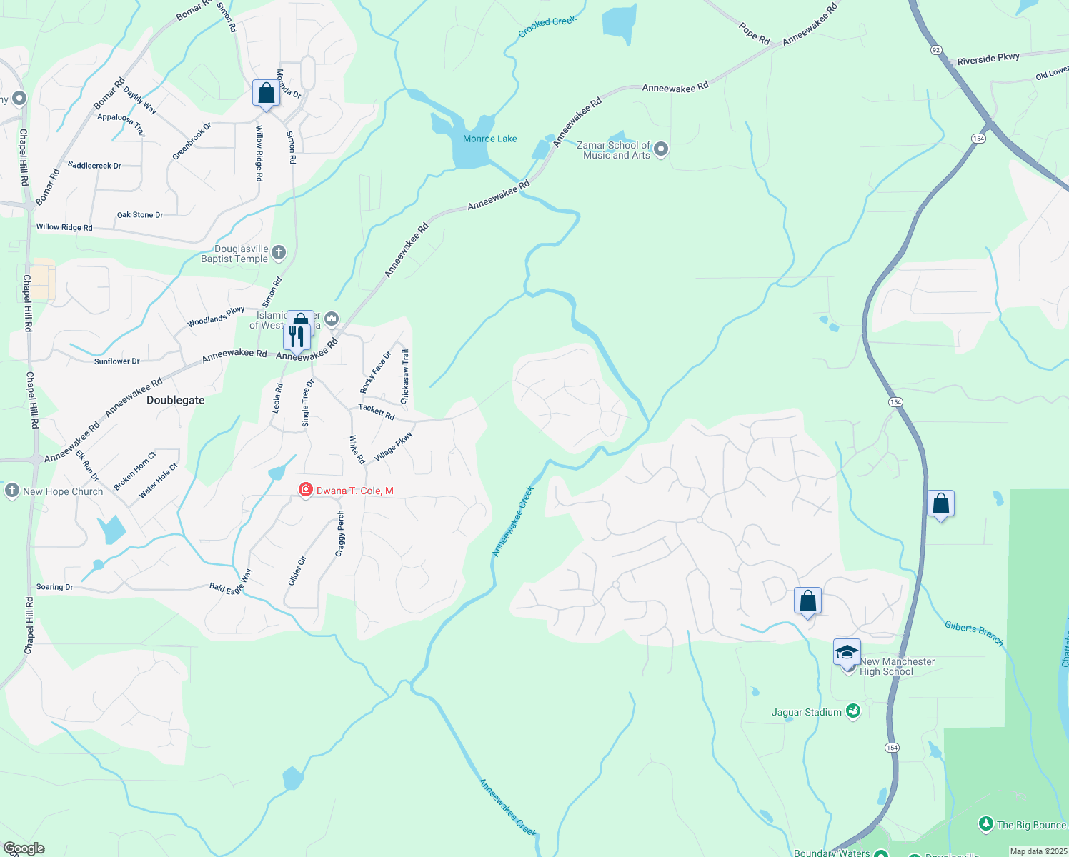 map of restaurants, bars, coffee shops, grocery stores, and more near 3195 Tackett Road in Douglasville