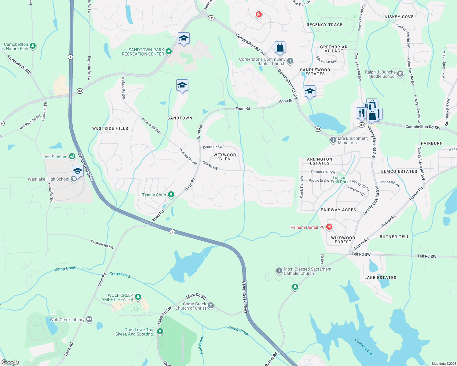 map of restaurants, bars, coffee shops, grocery stores, and more near 5180 Barrington Trace Drive Southwest in Atlanta