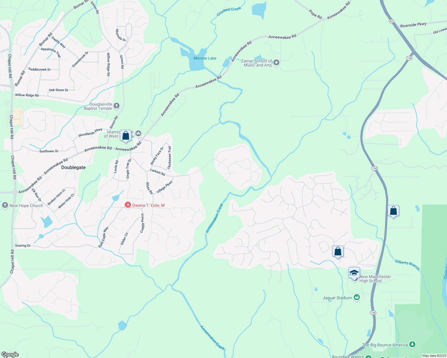 map of restaurants, bars, coffee shops, grocery stores, and more near 3195 Tackett Road in Douglasville
