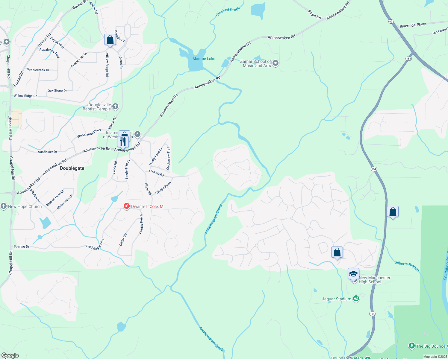map of restaurants, bars, coffee shops, grocery stores, and more near 3205 Tackett Road in Douglasville