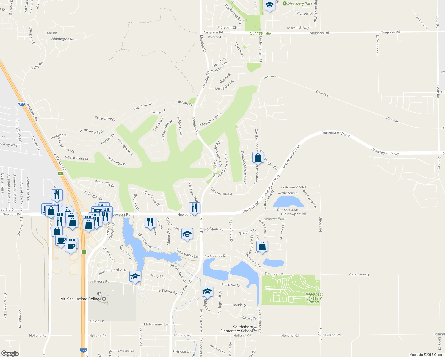 map of restaurants, bars, coffee shops, grocery stores, and more near 29164 Peridot Circle in Menifee