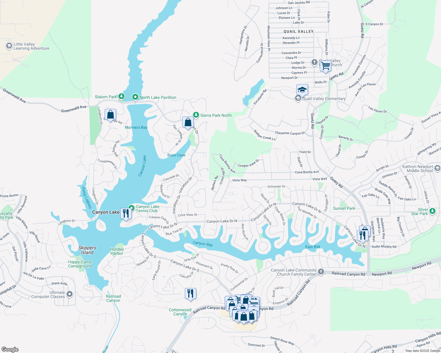 map of restaurants, bars, coffee shops, grocery stores, and more near Cross Hill Drive in Menifee