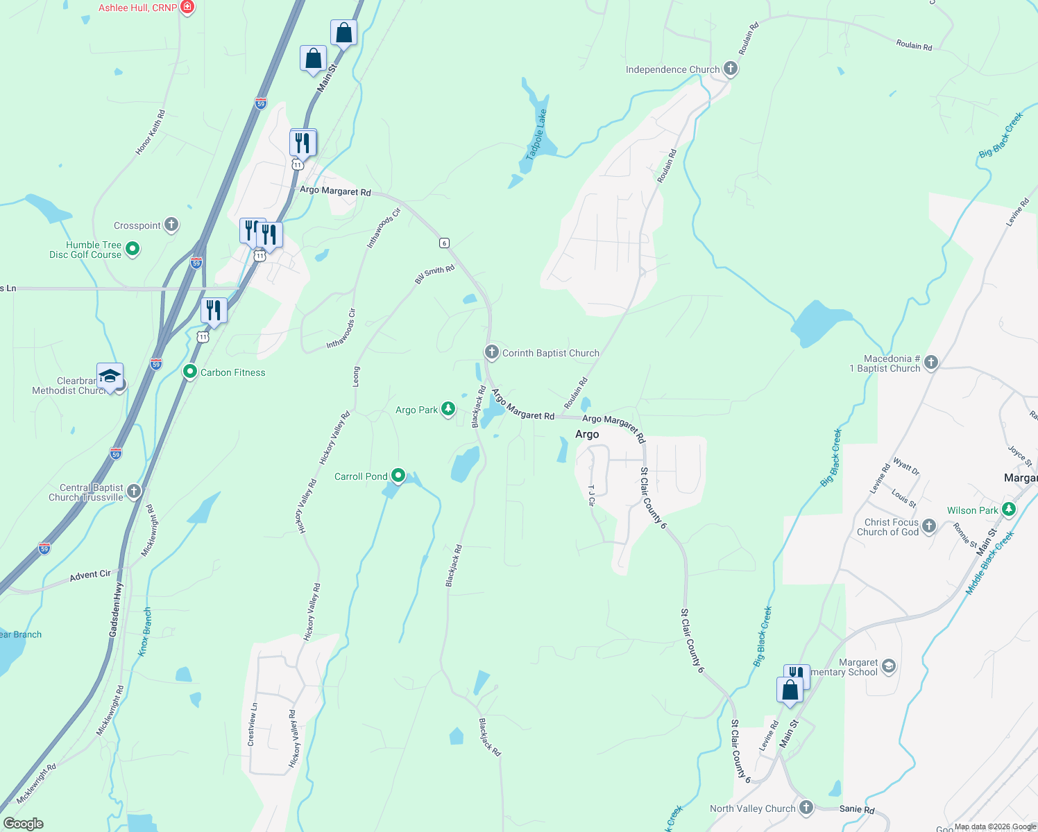 map of restaurants, bars, coffee shops, grocery stores, and more near 1023 Argo Margaret Road in Odenville