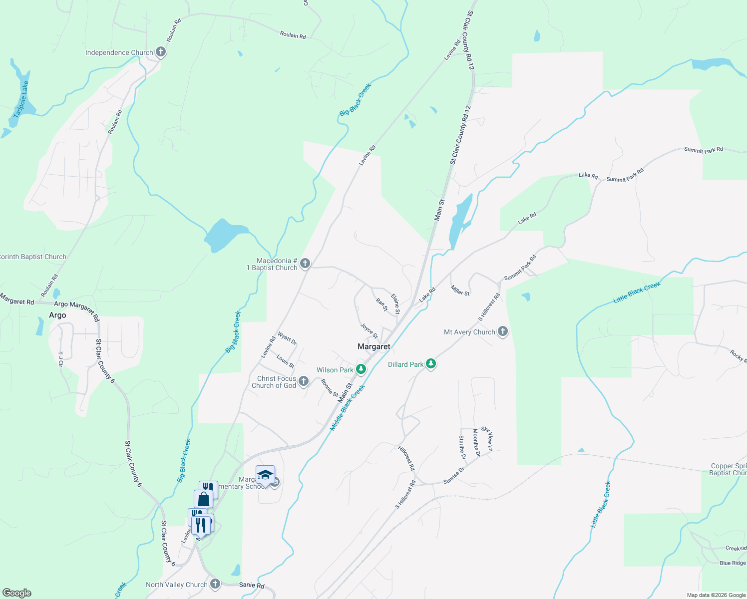 map of restaurants, bars, coffee shops, grocery stores, and more near 185 Rae Street in Odenville