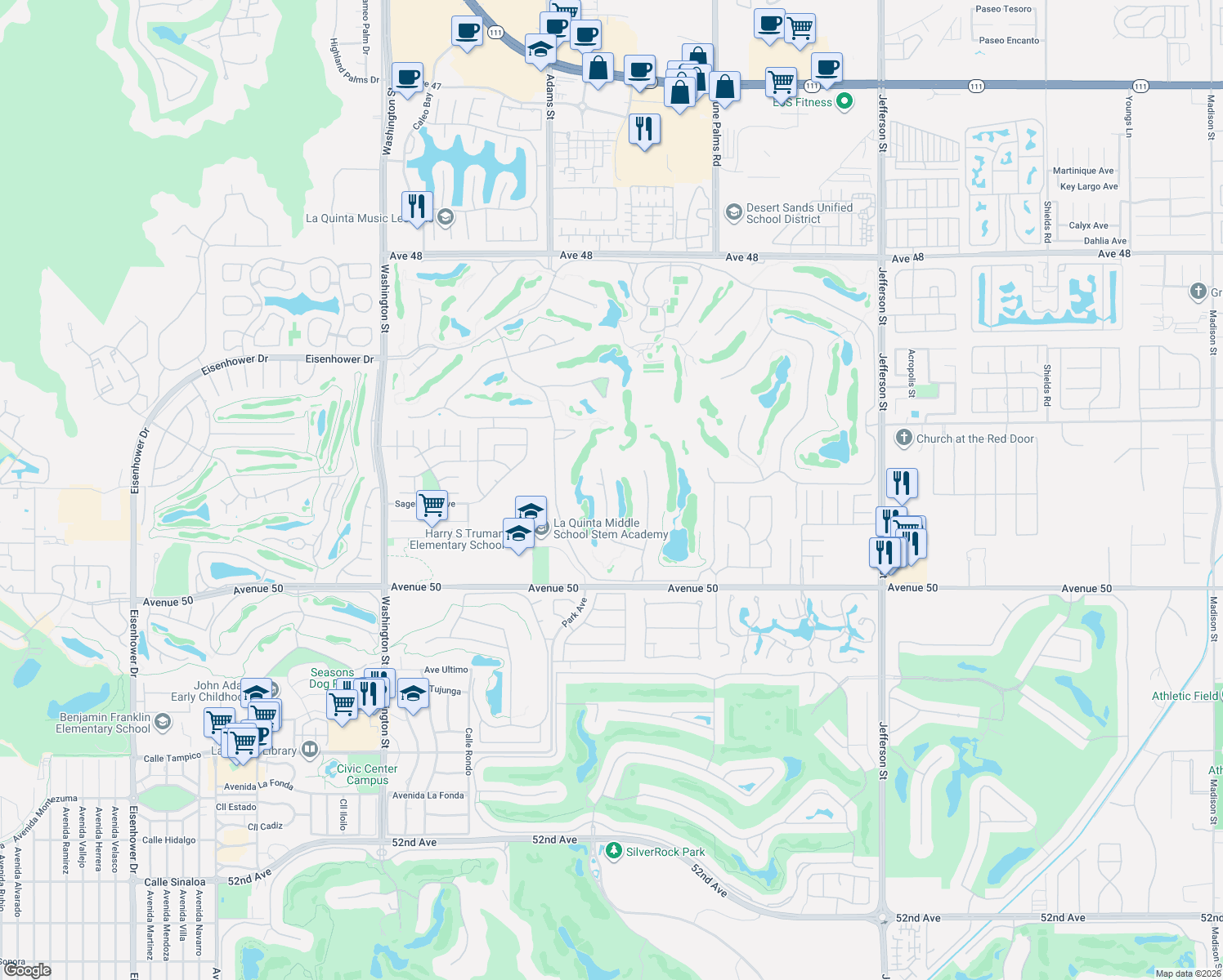 map of restaurants, bars, coffee shops, grocery stores, and more near 49430 Montana Way in La Quinta
