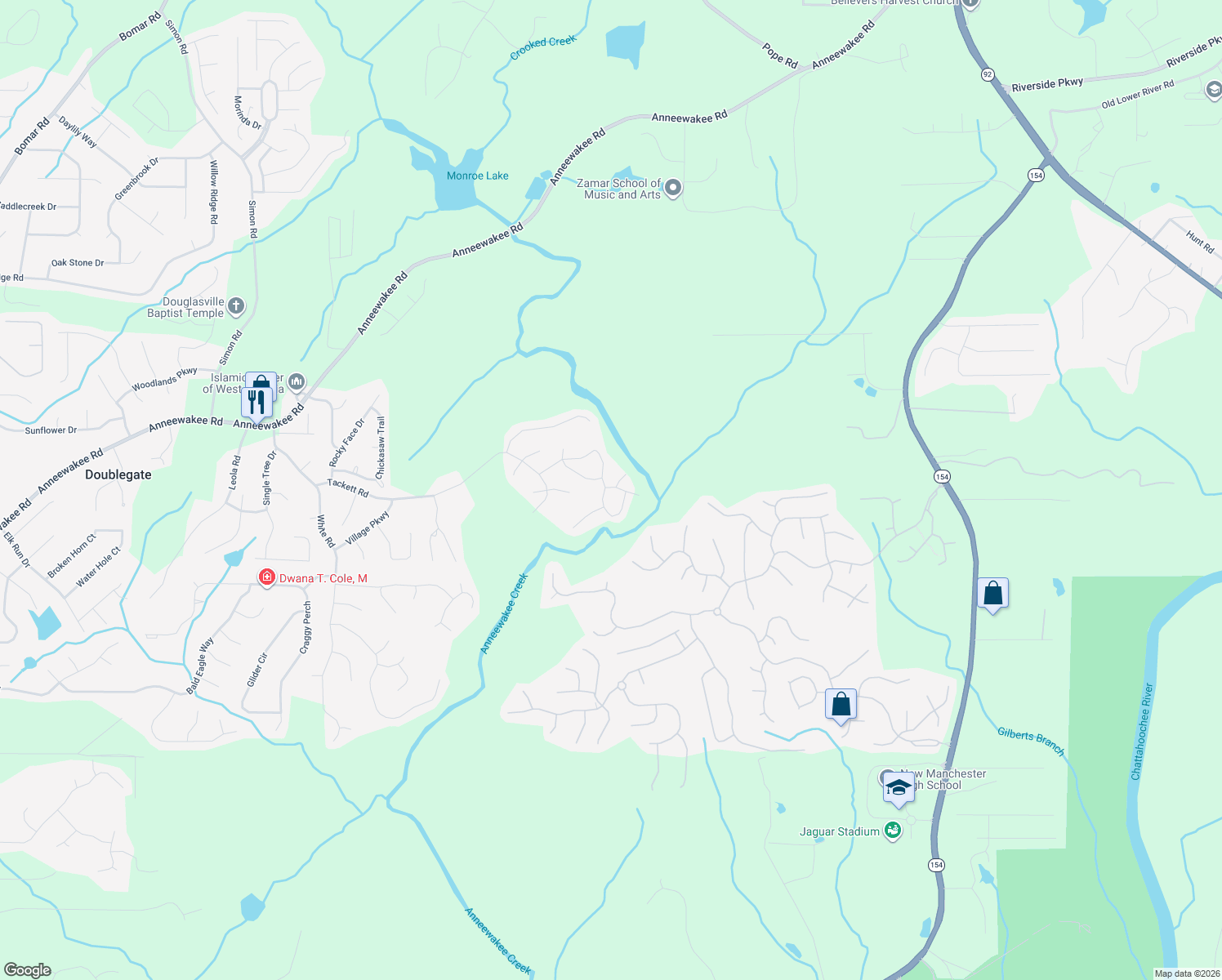 map of restaurants, bars, coffee shops, grocery stores, and more near 4295 Ketchikan Court in Douglasville