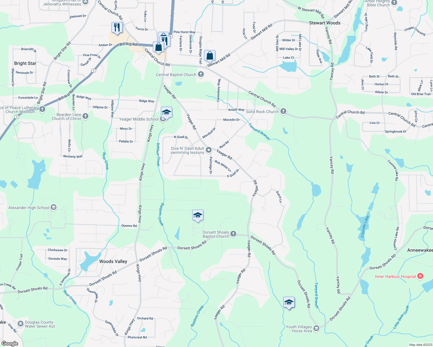 map of restaurants, bars, coffee shops, grocery stores, and more near 5756 South Quail Drive in Douglasville