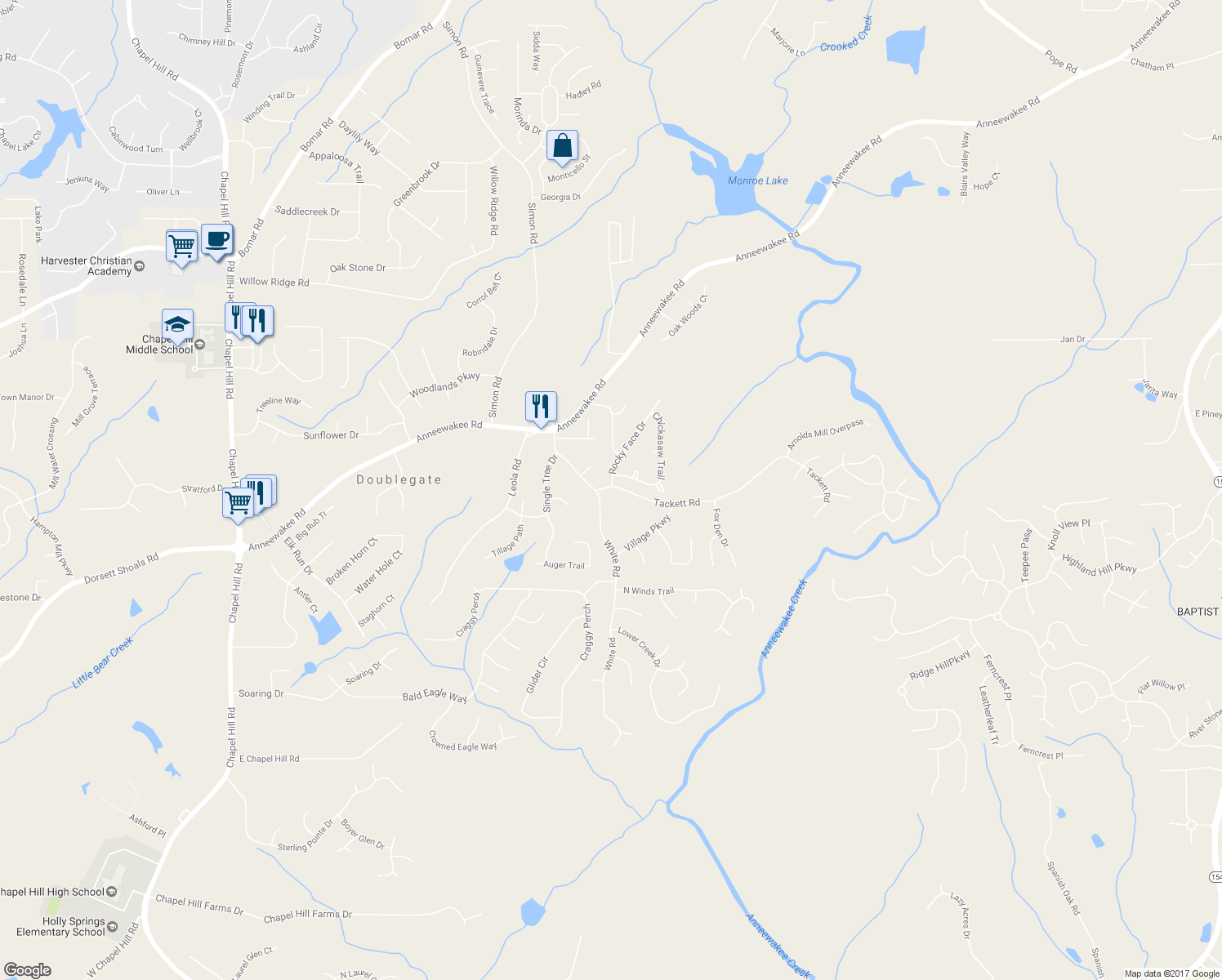 map of restaurants, bars, coffee shops, grocery stores, and more near 3685 Tackett Rd in Douglasville