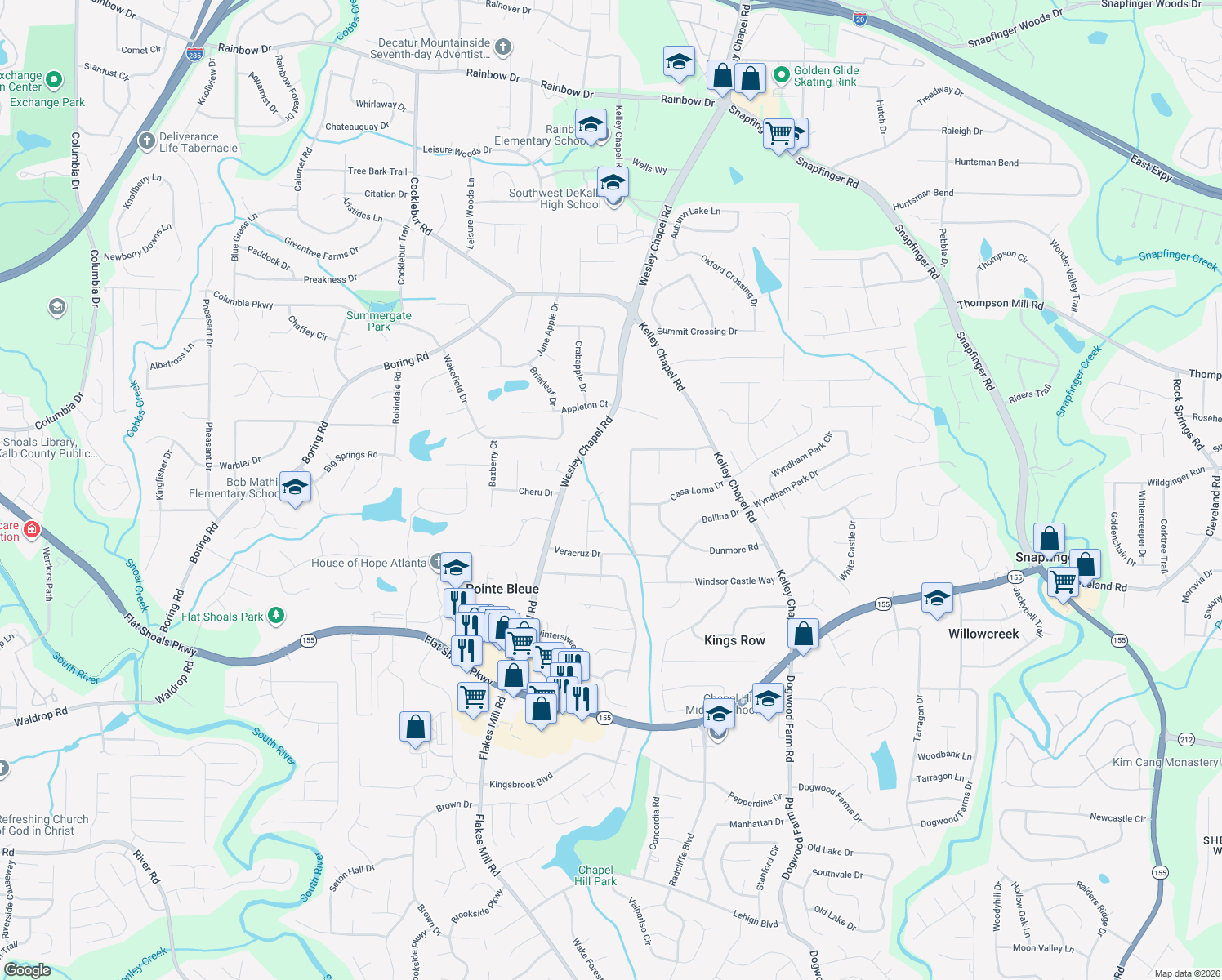map of restaurants, bars, coffee shops, grocery stores, and more near 4001 Cheru Drive in Decatur