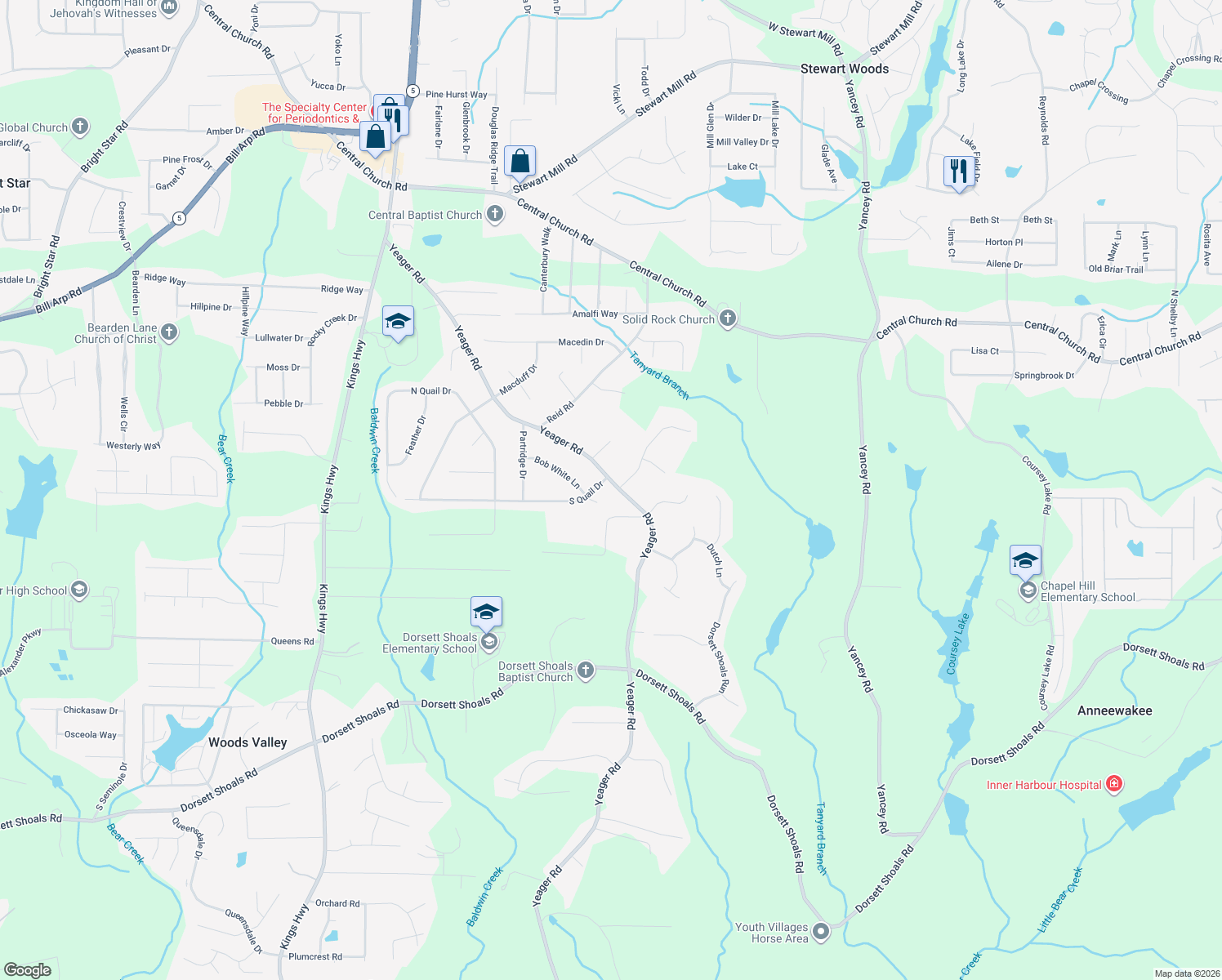 map of restaurants, bars, coffee shops, grocery stores, and more near 4195 Yeager Road in Douglasville