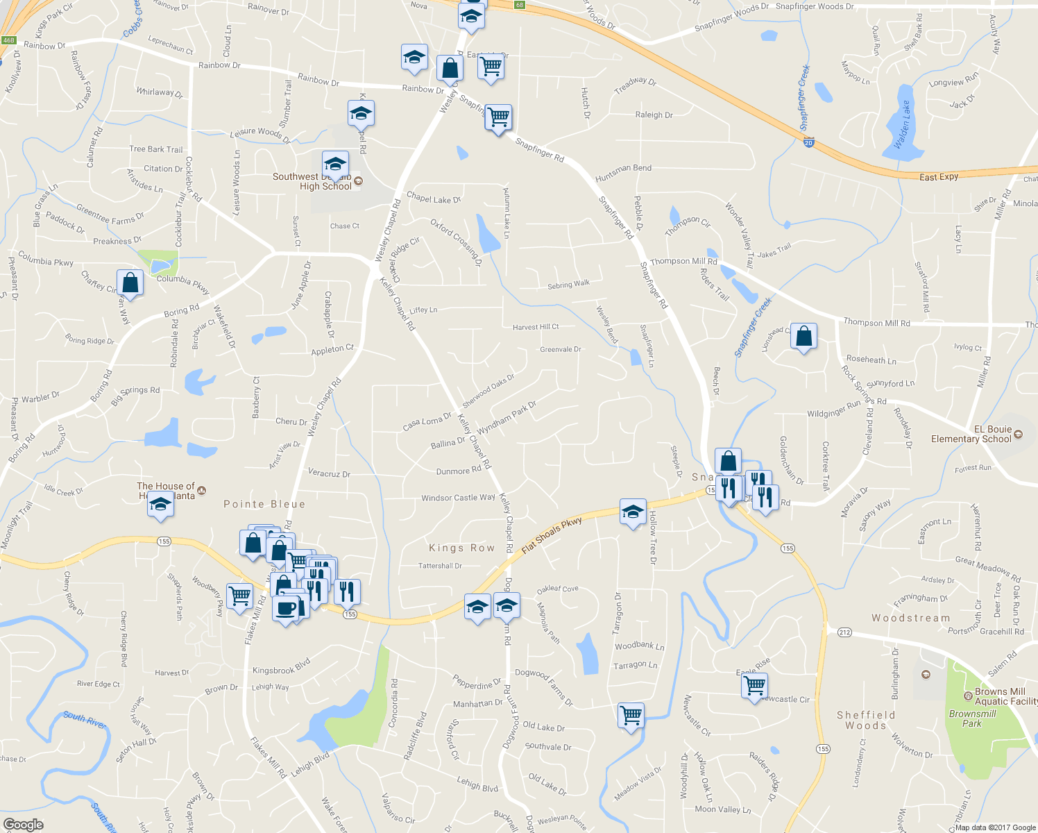 map of restaurants, bars, coffee shops, grocery stores, and more near 3222 Wyndham Park Court in Decatur