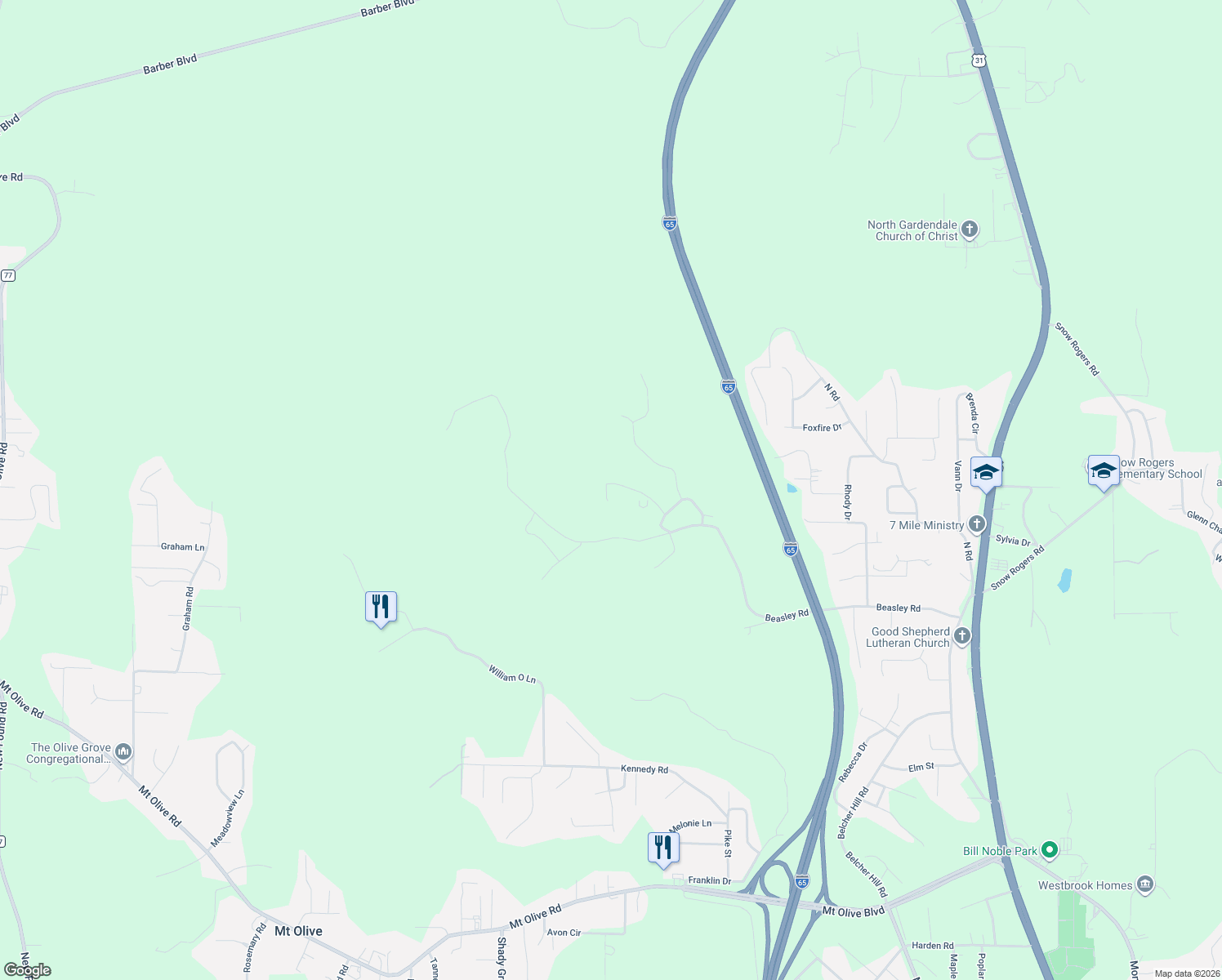 map of restaurants, bars, coffee shops, grocery stores, and more near 6205 Batchelor Circle in Gardendale