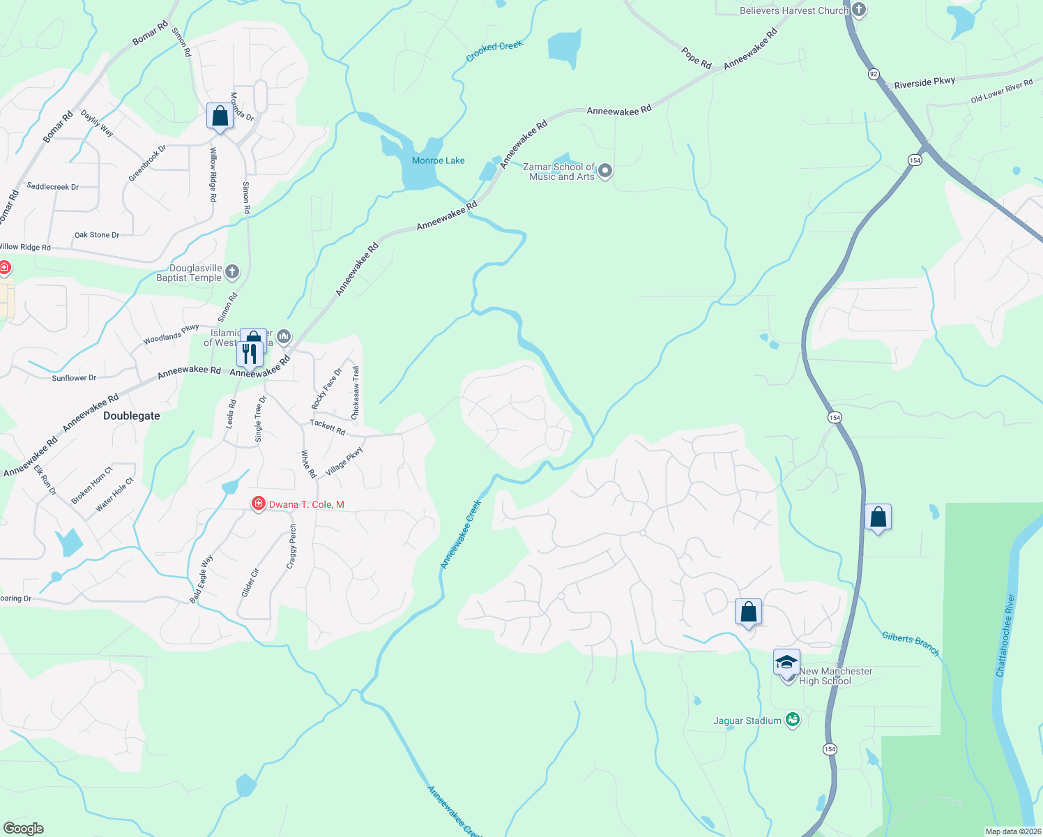 map of restaurants, bars, coffee shops, grocery stores, and more near 3257 Talkeetna Road in Douglasville