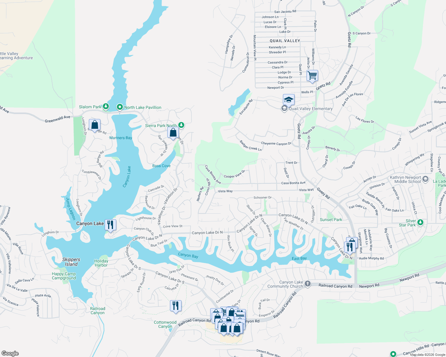 map of restaurants, bars, coffee shops, grocery stores, and more near 23280 Casa Bonita Avenue in Canyon Lake