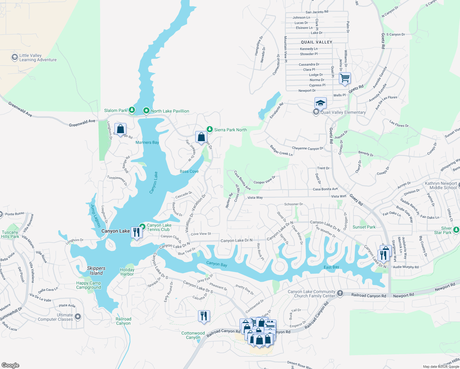 map of restaurants, bars, coffee shops, grocery stores, and more near Cross Hill Drive in Menifee