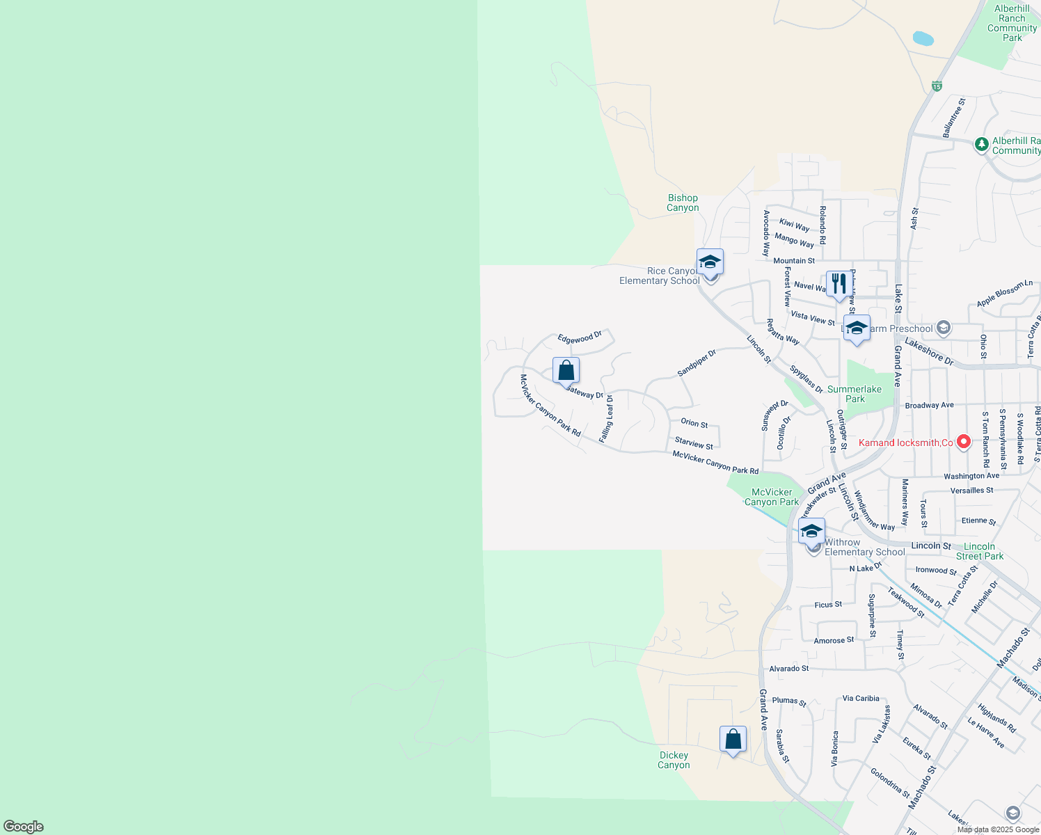 map of restaurants, bars, coffee shops, grocery stores, and more near 29371 High Ridge Drive in Lake Elsinore