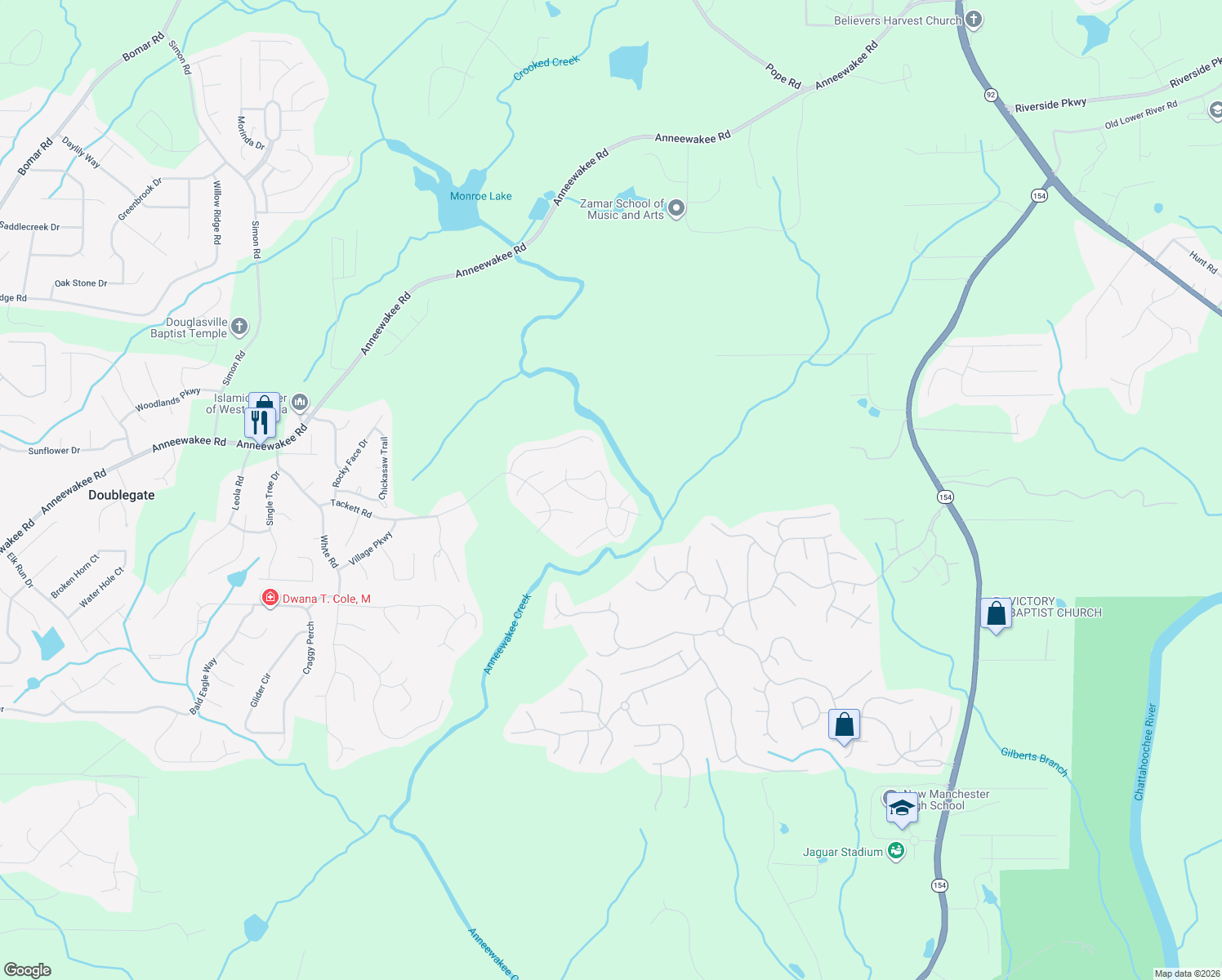 map of restaurants, bars, coffee shops, grocery stores, and more near 4094 Sitka Drive in Douglasville