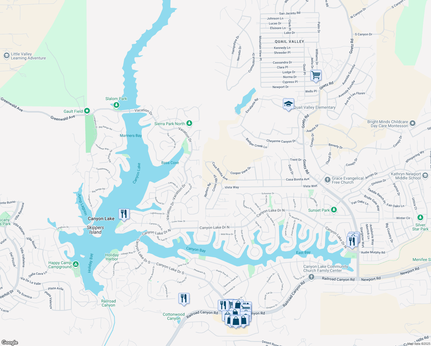 map of restaurants, bars, coffee shops, grocery stores, and more near 23101 Cross Hill Drive in Menifee