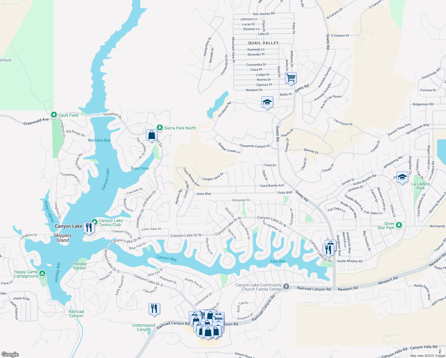 map of restaurants, bars, coffee shops, grocery stores, and more near 29590 Toomas Circle in Canyon Lake