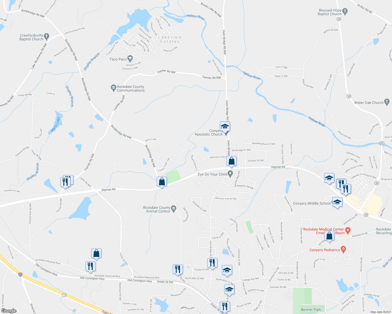 map of restaurants, bars, coffee shops, grocery stores, and more near 1760 Millstream Hollow in Conyers