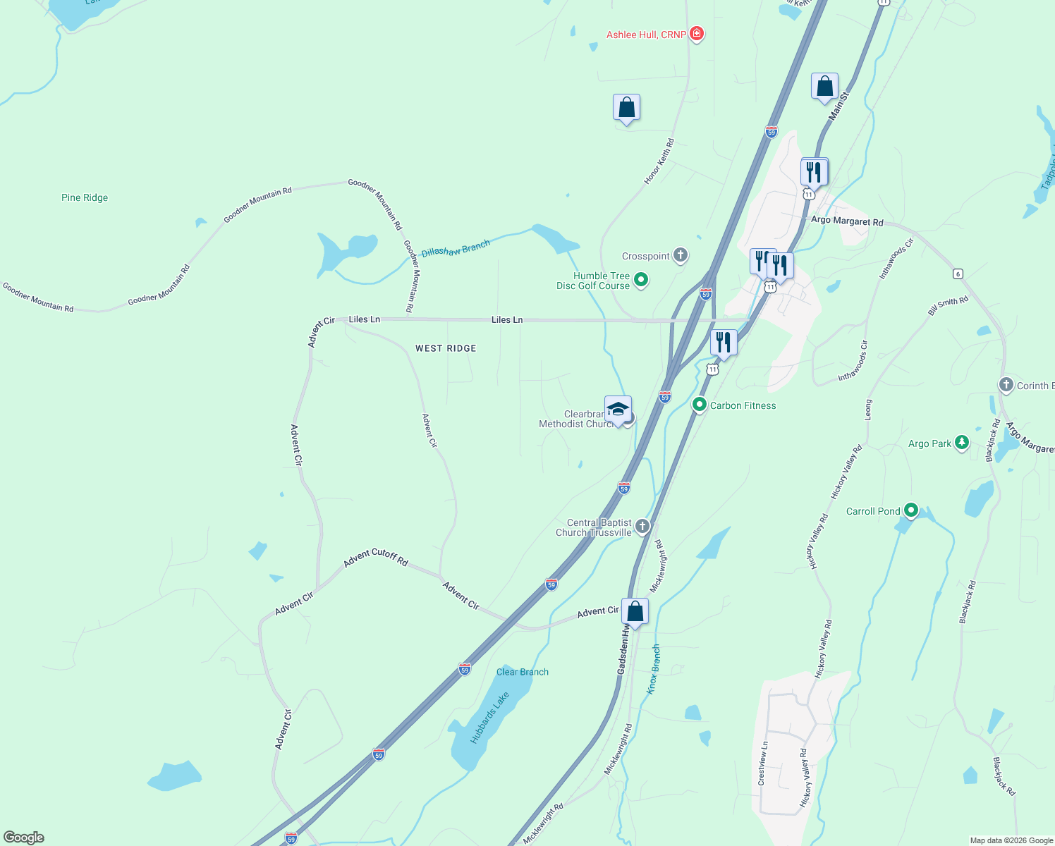 map of restaurants, bars, coffee shops, grocery stores, and more near 6490 Winslow Parc Lane in Trussville