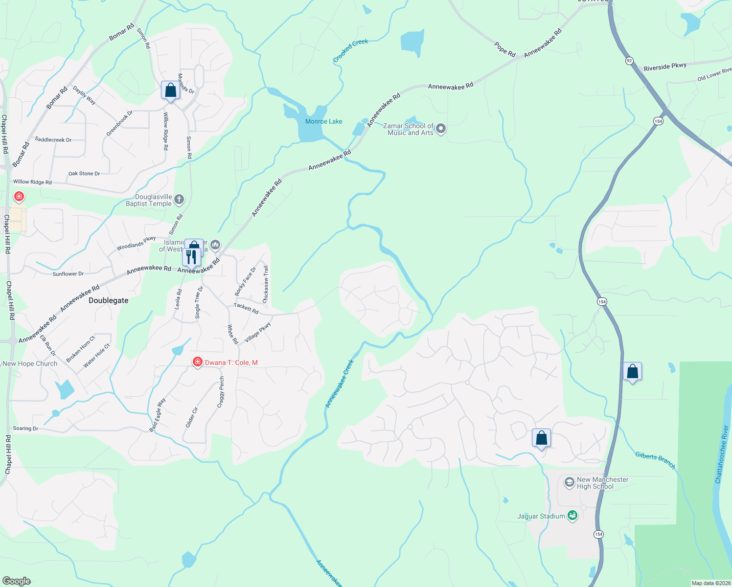 map of restaurants, bars, coffee shops, grocery stores, and more near 4264 Sitka Drive in Douglasville