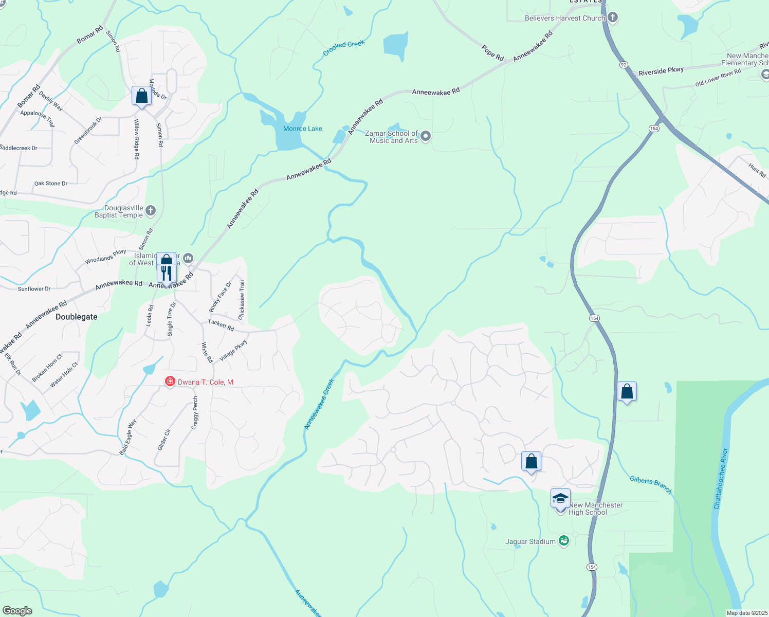 map of restaurants, bars, coffee shops, grocery stores, and more near 4114 Sitka Drive in Douglasville