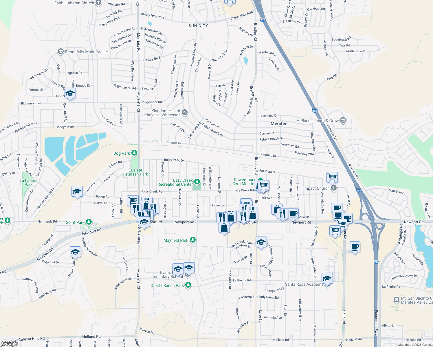 map of restaurants, bars, coffee shops, grocery stores, and more near 26671 Mark Twain Court in Menifee