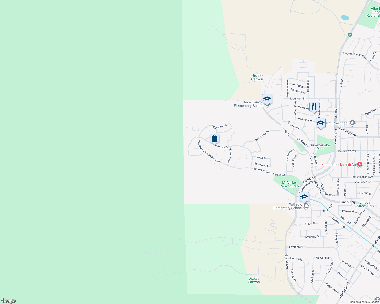 map of restaurants, bars, coffee shops, grocery stores, and more near 29396 Cascade Court in Lake Elsinore