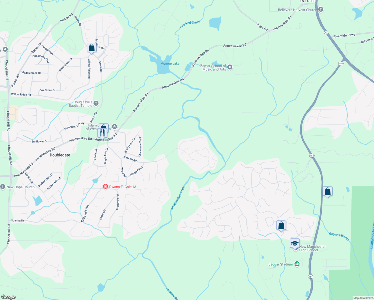 map of restaurants, bars, coffee shops, grocery stores, and more near 4281 North Braves Circle in Douglasville
